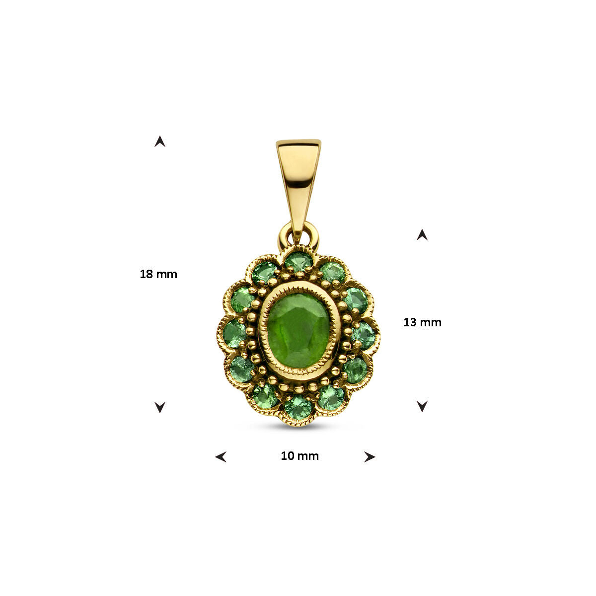 De hanger smaragd 14K geelgoud uit de Van der Kooij Collectie combineert klassieke elegantie met een centrale smaragd, omlijst door kleine groene stenen in bloemmotief. Afmetingen: 18 x 13 x 10 mm.