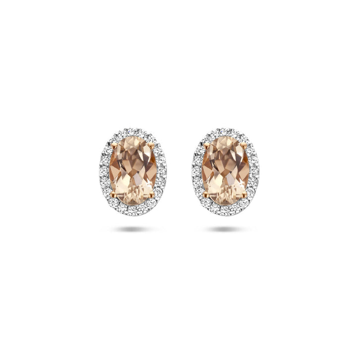 oorknoppen morganiet en diamant 0.12ct h si halo 14K roségoud
