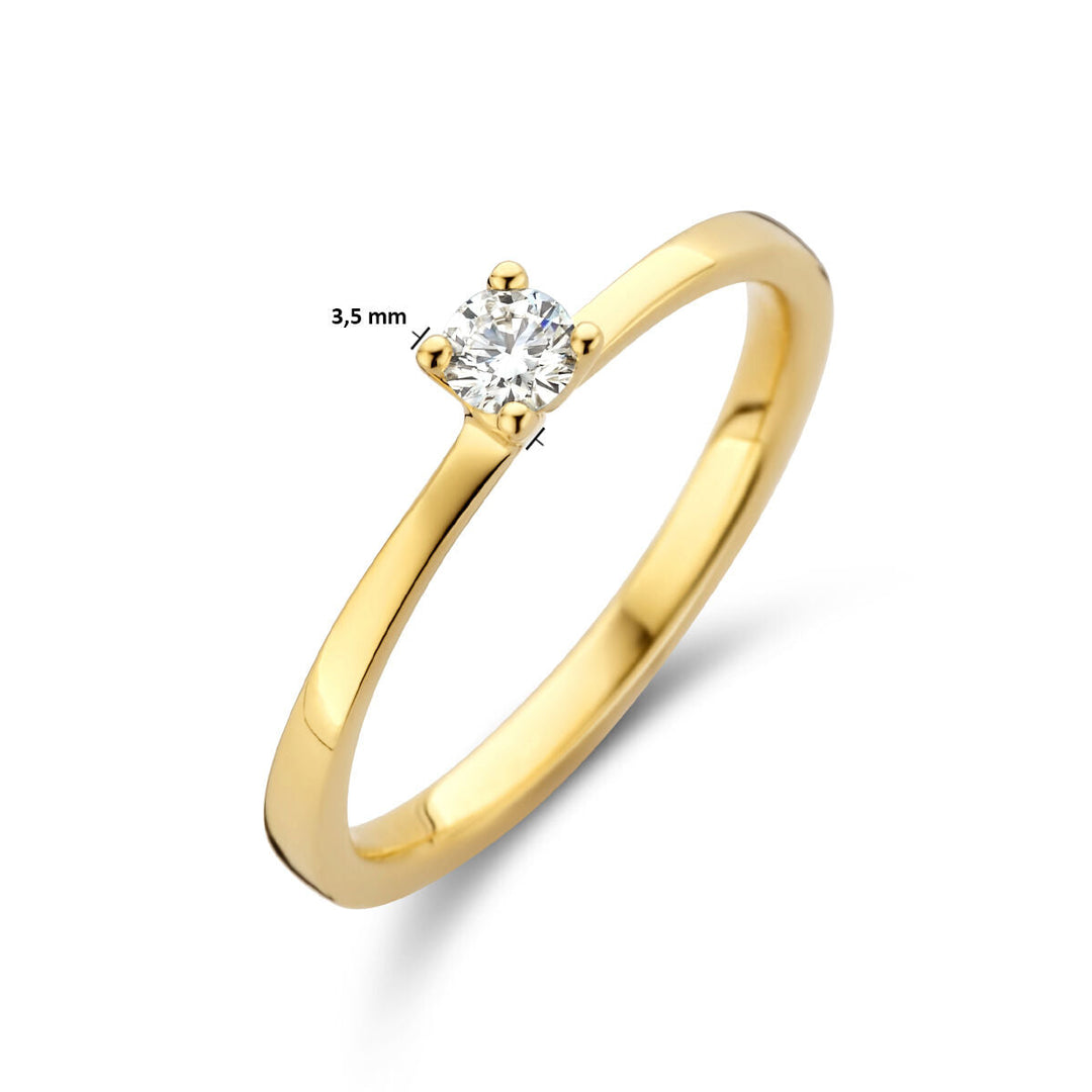 De Van der Kooij Collectie ring diamant 0.15ct H SI in 14K geelgoud is een elegante solitaire verlovingsring met een ronde diamant in vierpoots zetting, gefotografeerd tegen een witte achtergrond.