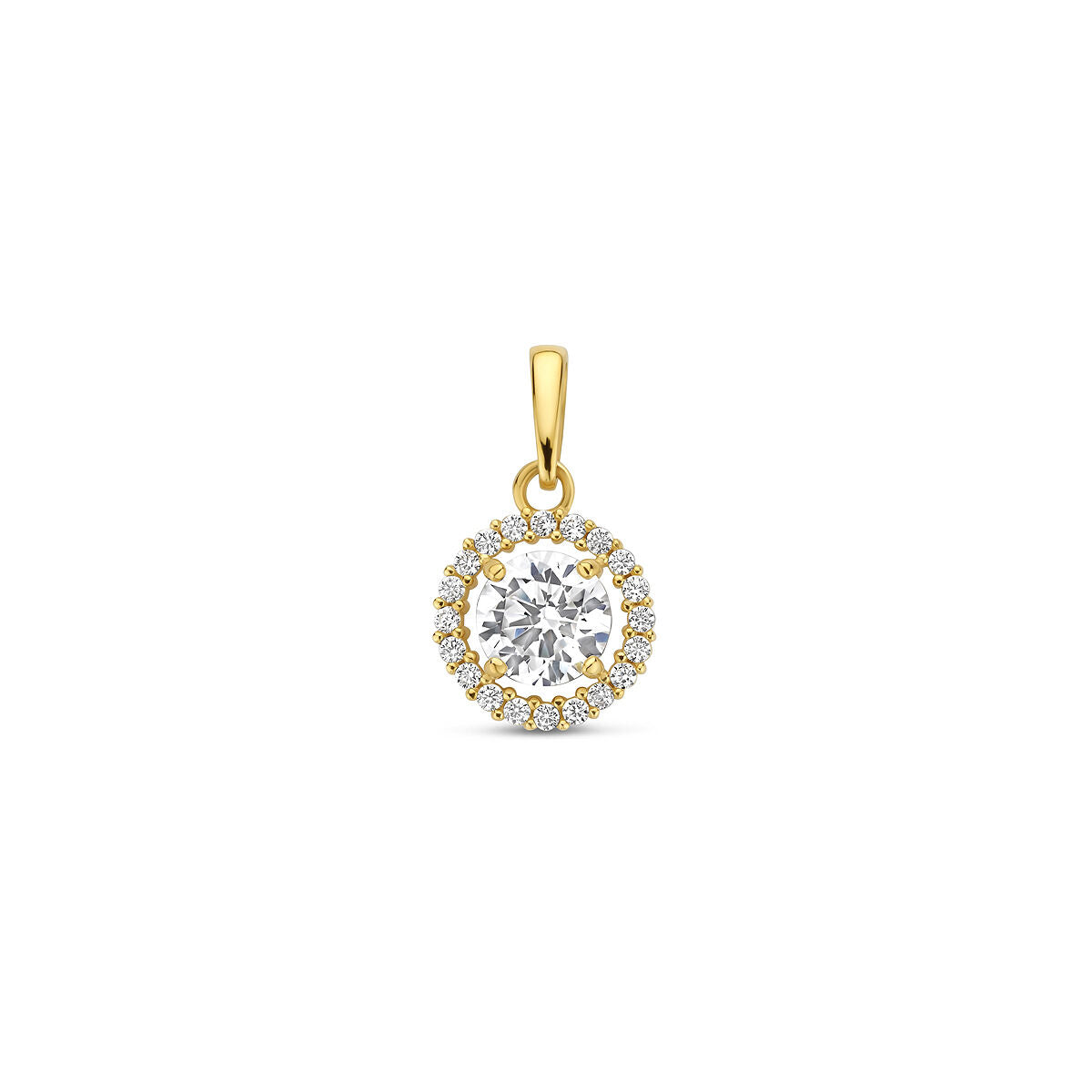 Gouden hanger van 9k met een grote zirkonia omringd door kleine zirkonia's in een ronde setting.