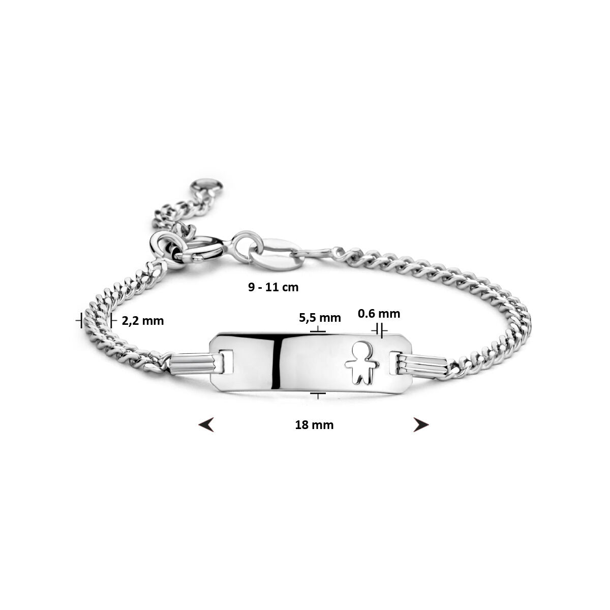 De graveerarmband jongen van Van der Kooij Collectie is een zilveren rhodium-plated armband met een plat graveerplaatje en uitsparing van een persoon. Hij is 9-11 cm lang, 18 mm breed en heeft diktes van 2,2 mm, 5,5 mm en 0,6 mm met schakels die een karabijnsluiting hebben voor eenvoudige sluiting.