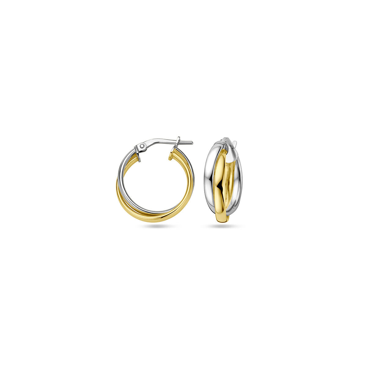 Een paar kleine Van der Kooij Collectie oorringen 1 micron zilver verguld (geel/rhodium) met verstrengelde gouden en zilveren banden, afgebeeld op een witte achtergrond - één van voren en één van opzij.