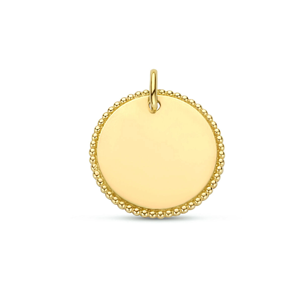 Geelgoudkleurige ronde graveerhanger met een bolletjesrand, gemaakt van 9k goud.