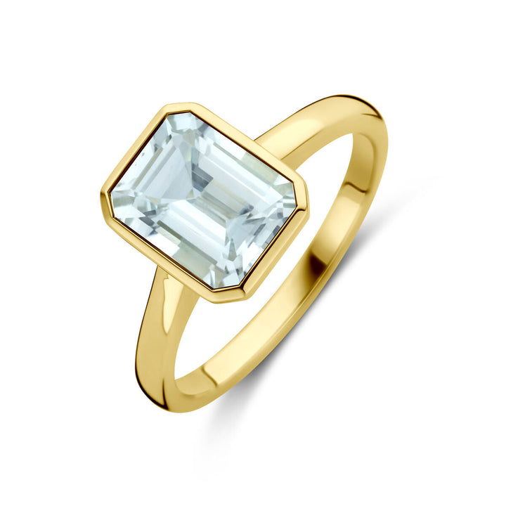 Deze 14k geelgouden ring, geïnspireerd op de tijdloze esthetiek van Van der Kooij Collectie, heeft een rechthoekige aquamarijn in smaragd geslepen in een eenvoudige bezel zetting.