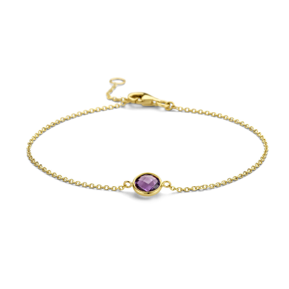 Bransoletka z ametystem, 14K złote, o długości 16,5 - 19 cm, z delikatnym łańcuszkiem.