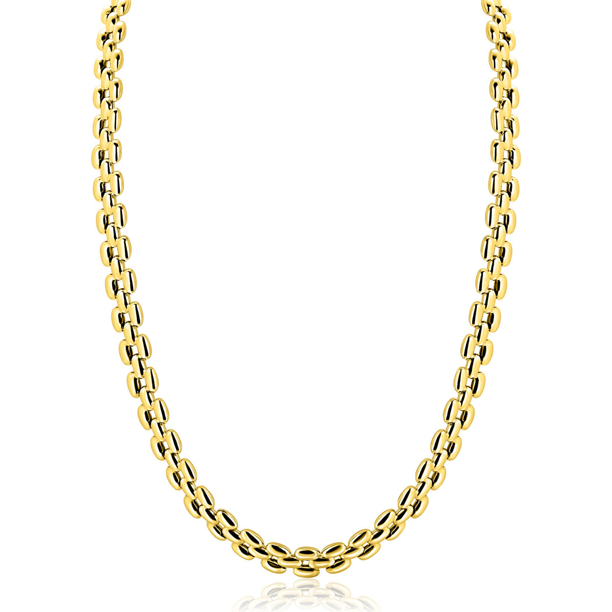 De Zinzi Ketting Gold Plated ZIC2764G ketting van Zinzi heeft in elkaar grijpende ovale schakels in een Rolex-stijl schakel-collier ontwerp, afgebeeld tegen een witte achtergrond met een subtiele reflectie eronder.