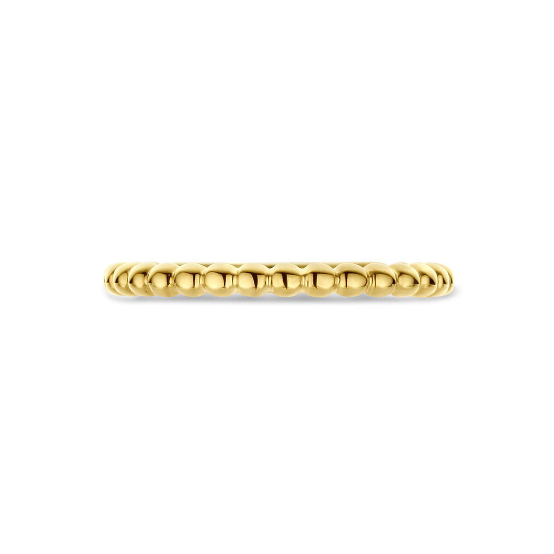 Een delicate ring 14K geelgoud van Van der Kooij Collectie met een kralenontwerp van kleine, gelijkmatig verdeelde ronde kralen rond de band, weergegeven op een effen witte achtergrond.