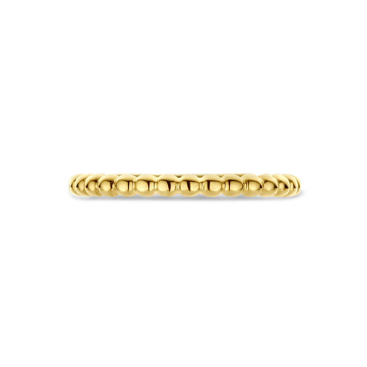 Een delicate ring 14K geelgoud van Van der Kooij Collectie met een kralenontwerp van kleine, gelijkmatig verdeelde ronde kralen rond de band, weergegeven op een effen witte achtergrond.