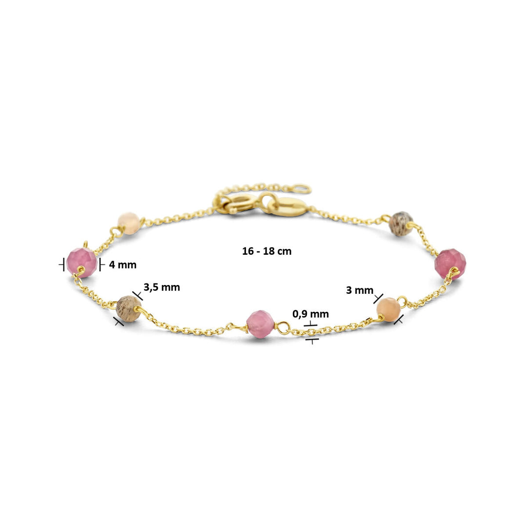 De Van der Kooij Collectie armband toermalijn 16-18 cm is een fijne 14K geelgouden dames armband met roze, beige en bruine toermalijn kralen (0,9-4 mm) en een karabijnsluiting.