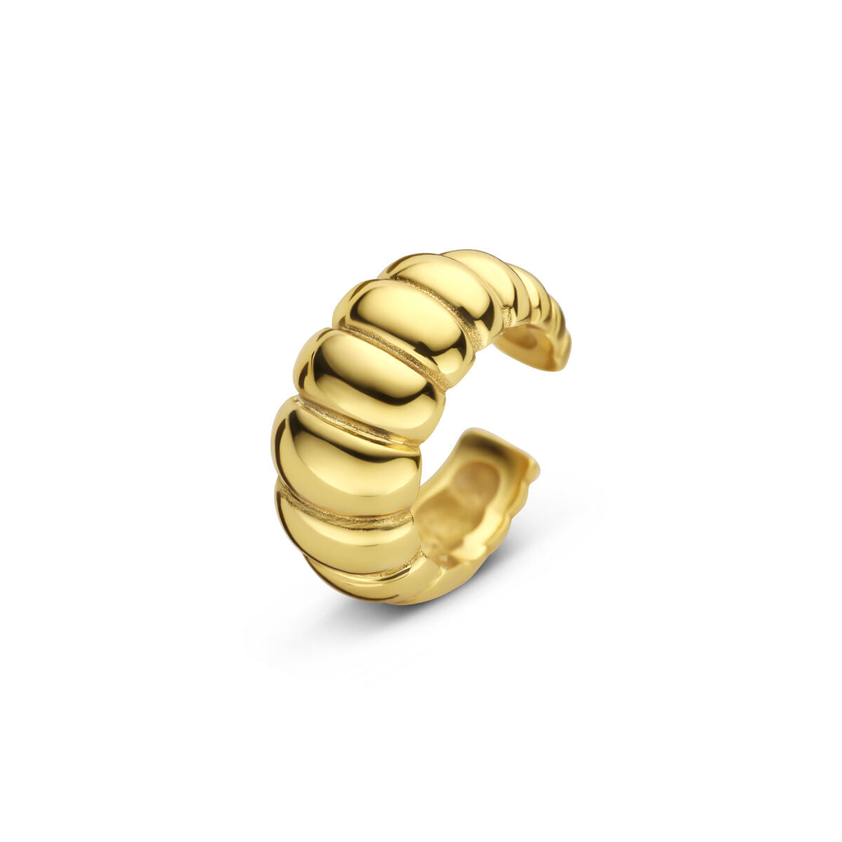 Złoty ear cuff o zaokrąglonym kształcie z eleganckimi detalami, bez konieczności przekłucia.