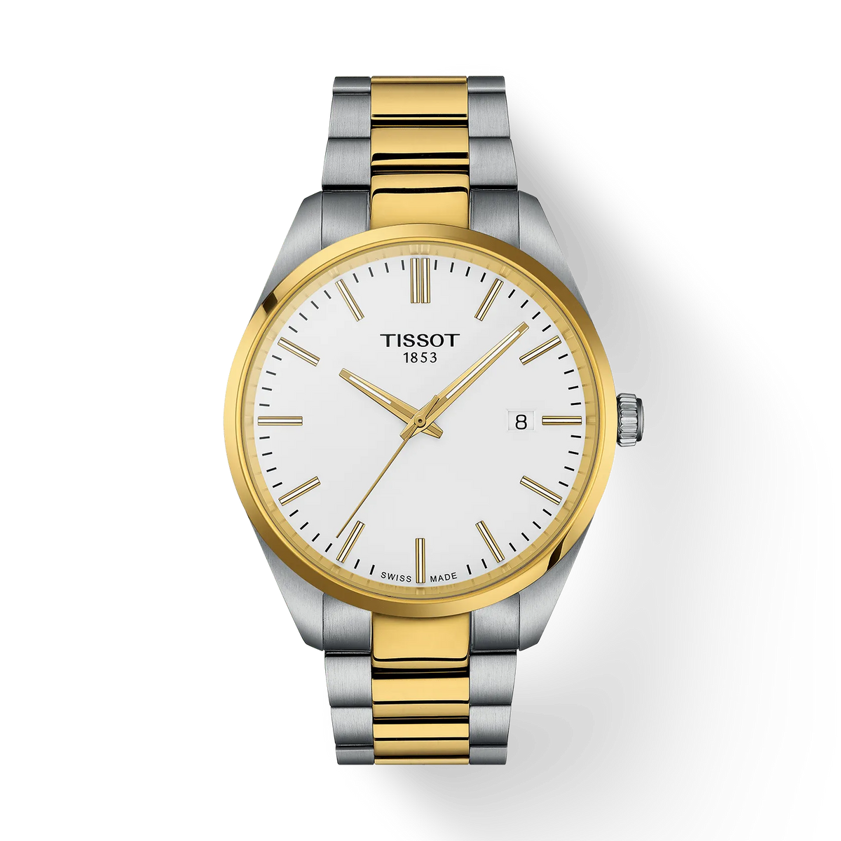 Zegarek męski Tissot PR 100 o średnicy 40 mm, z białą tarczą, złotą kopertą i stalową bransoletą.