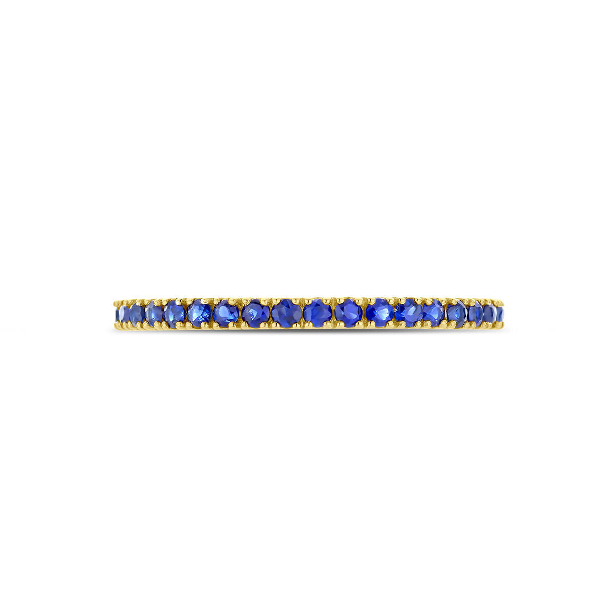 De Van der Kooij Collectie ring met geboortesteen saffier september is een minimalistische 14K geelgouden ring, gezet met kleine ronde blauwe saffieren rondom de band.