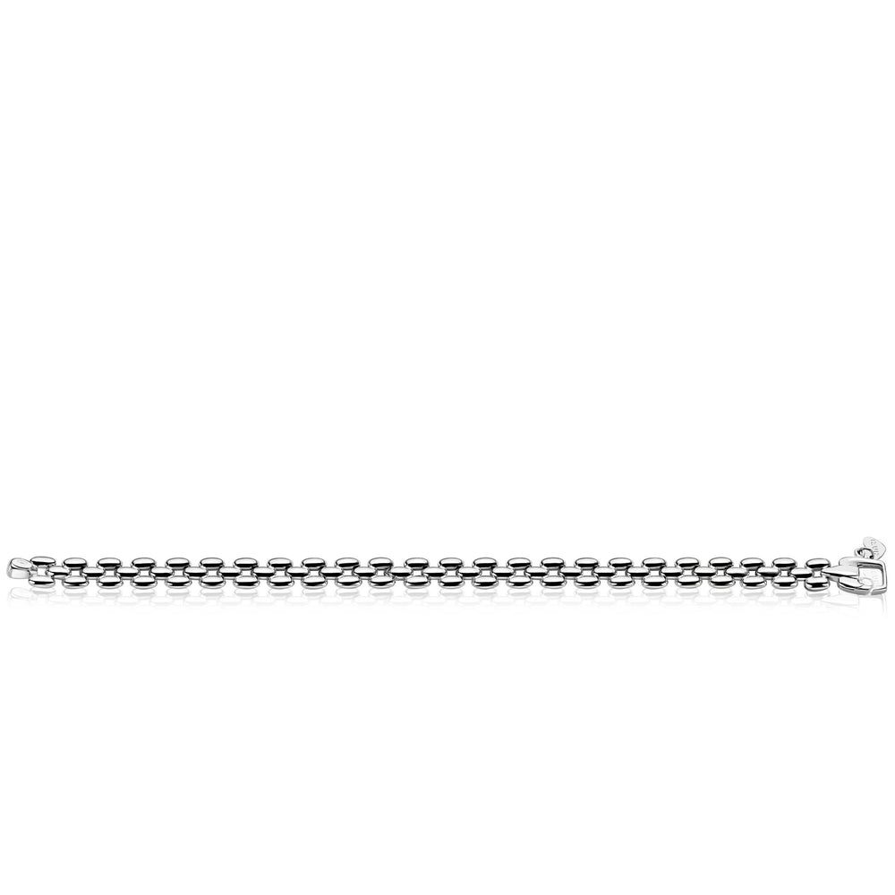 De Zinzi schakelarmband zilver ZIA2764 heeft een klassiek ontwerp van een doosketting en een karabijnsluiting, die subtiele elegantie uitstralen. Weergegeven op een witte achtergrond, is dit Zinzi stuk ideaal voor fans van de tijdloze Rolex-stijl schakel-armband look.