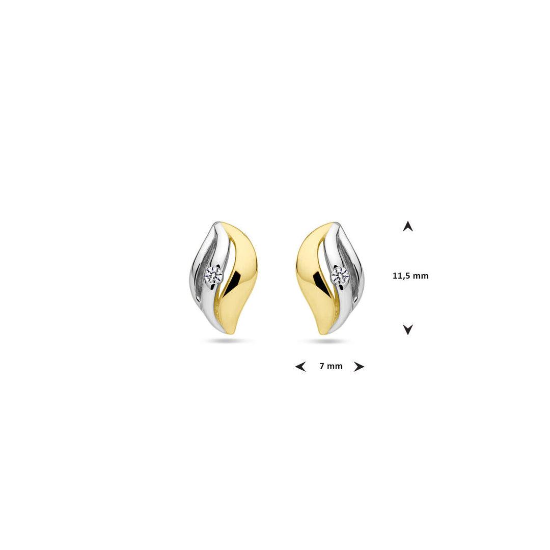 Van der Kooij Collectie oorknoppen zirkonia 1 micron zilver verguld (geel/rhodium): een paar oorstekers van 11,5 x 7 mm met een gebogen goud- en rhodiumkleurig design en centrale zirkonia.