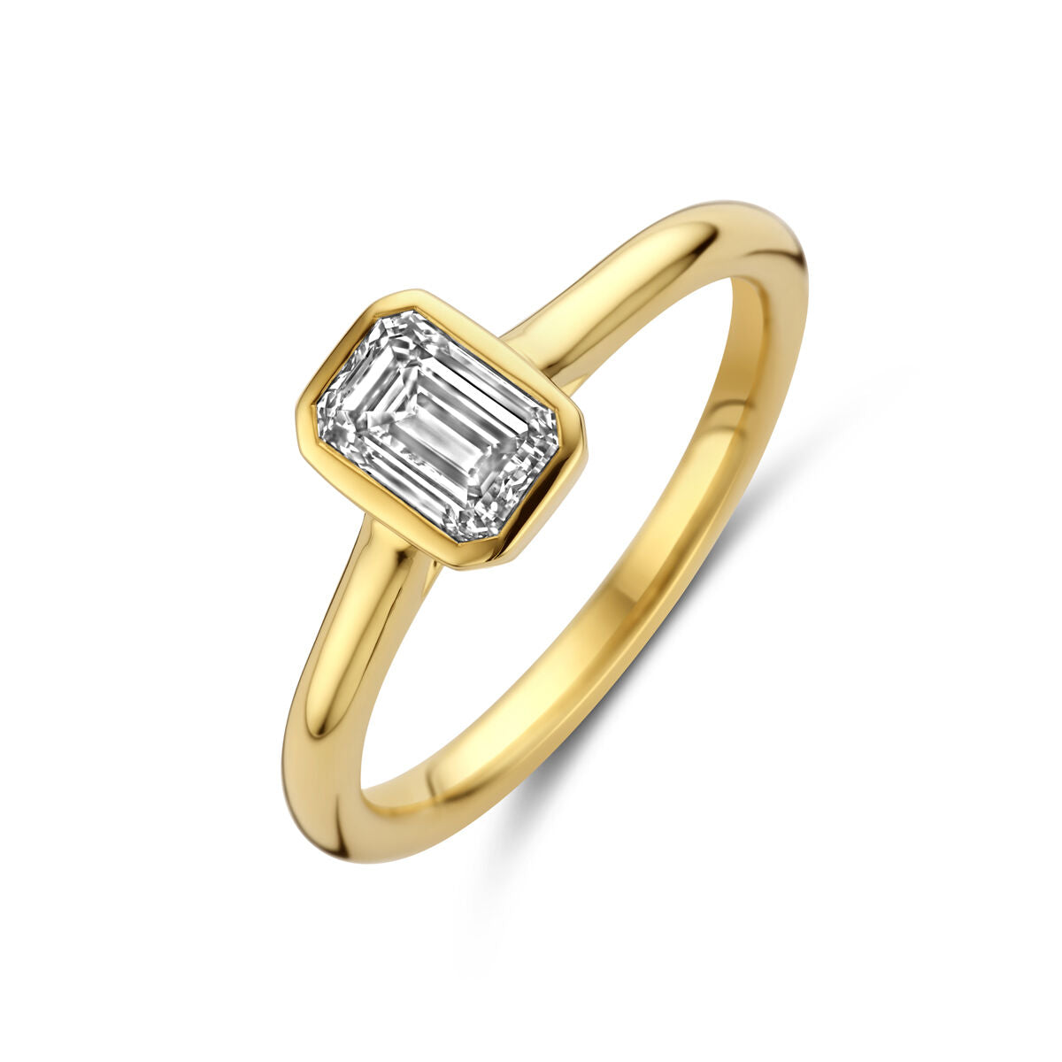 Pierścionek z lab-grown diamentem 1,0 ct w kształcie prostokąta, wykonany z 14K żółtego złota.