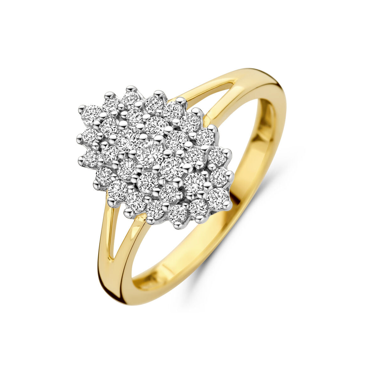 Pierścionek z lab-grown diamentami o wadze 0,48 ct, złota oprawa 14K, ozdobny wzór.