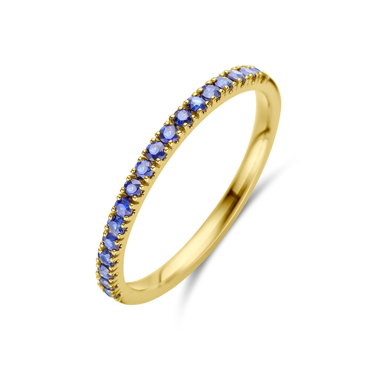 De Van der Kooij Collectie ring met geboortesteen saffier september, uitgevoerd in 14K geelgoud, heeft een minimalistische stijl met kleine ronde blauwe saffieren in één rij, getoond op een witte achtergrond.