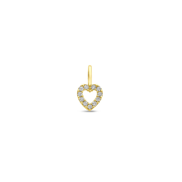 De Van der Kooij Collectie hanger hartje zirkonia 10,5 mm is een kleine 14K geelgouden hartvormige hanger, omlijnd met sprankelende witte zirkonia edelstenen en afgebeeld tegen een effen witte achtergrond.