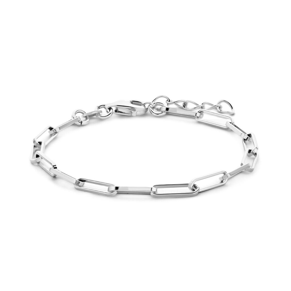 srebrna bransoletka paperclip z kwadratowymi ogniwami o grubości 3,0 mm, długość 15,5 + 2,5 cm, pokryta rhodium.
