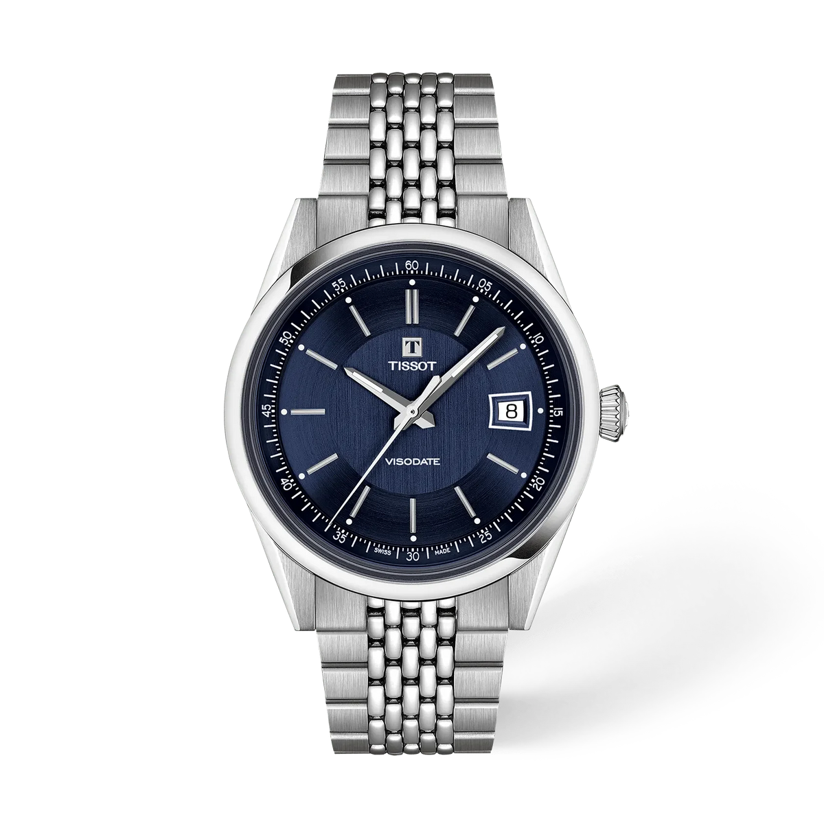 Zegarek Tissot Visodate 39mm z niebieską tarczą, stalową kopertą i bransoletą typu bransoleta.