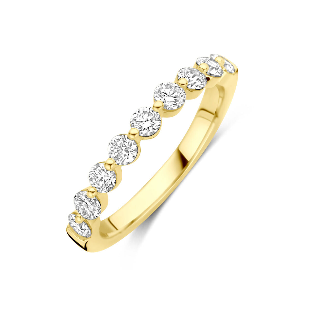 Pierścionek z lab-grown diamentami 0,75 ct, wykonany z 14K żółtego złota, z ośmioma błyszczącymi kamieniami.
