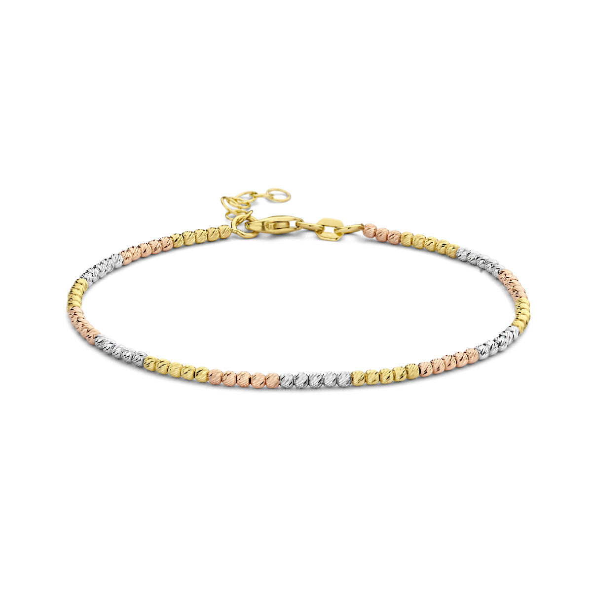 Złota bransoletka damska z kulkami, diamentowana, 14K, trójkolorowa.