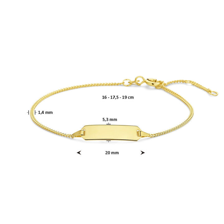 Van der Kooij Collectie graveerarmband plaat 5,3 mm in 14K geelgoud met verstelbare lengte (16,5 - 17,5 - 19 cm), rechthoekige naamplaat (20 x 5,3 mm; dikte 1,4 mm) en lobster sluiting.