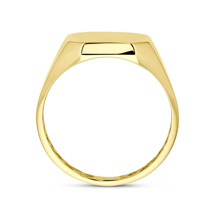 Een moderne graveerring 14K geelgoud uit de Van der Kooij Collectie, met een gladde, gepolijste afwerking. De ronde band en het vlakke, rechthoekige bovenstuk zijn duidelijk zichtbaar van de zijkant.