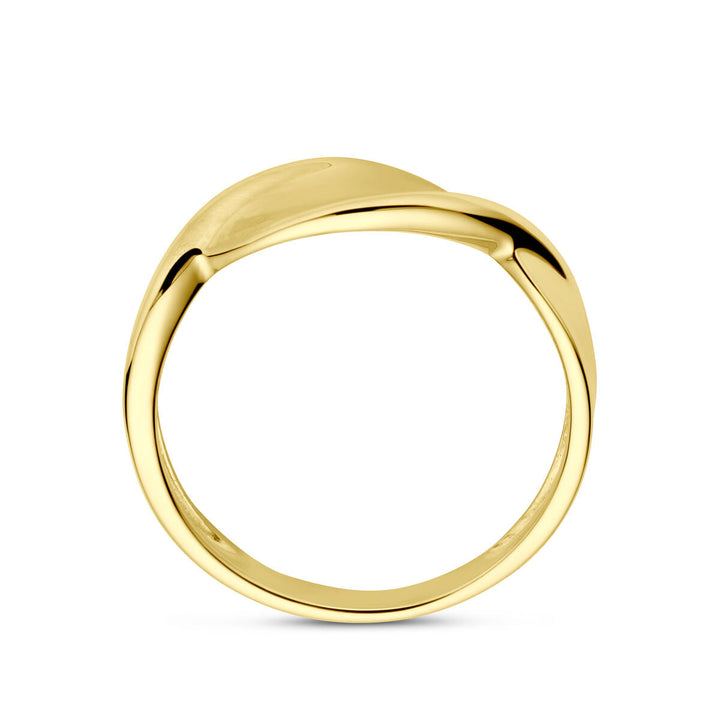 De Van der Kooij Collectie ring poli/mat 14K geelgoud straalt eenvoudige elegantie uit met zijn gladde, licht gebogen topontwerp, aan de voorzijde weergegeven tegen een witte achtergrond.