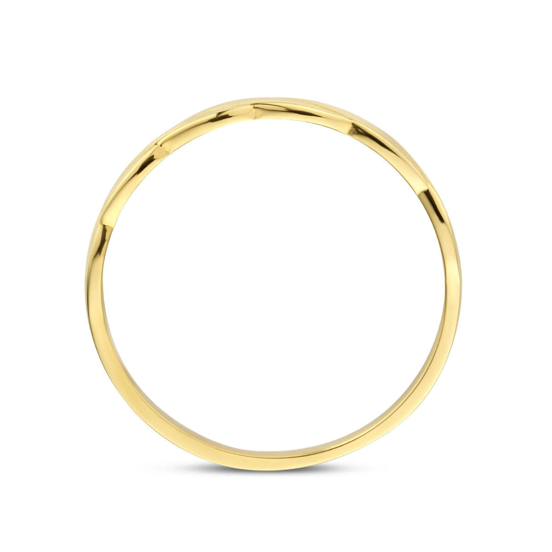 De ring gedraaid 14K geelgoud van Van der Kooij Collectie is rechtop afgebeeld op een witte achtergrond, waardoor het slanke, gedraaide ontwerp en de elegante 14k geelgouden afwerking goed uitkomen.
