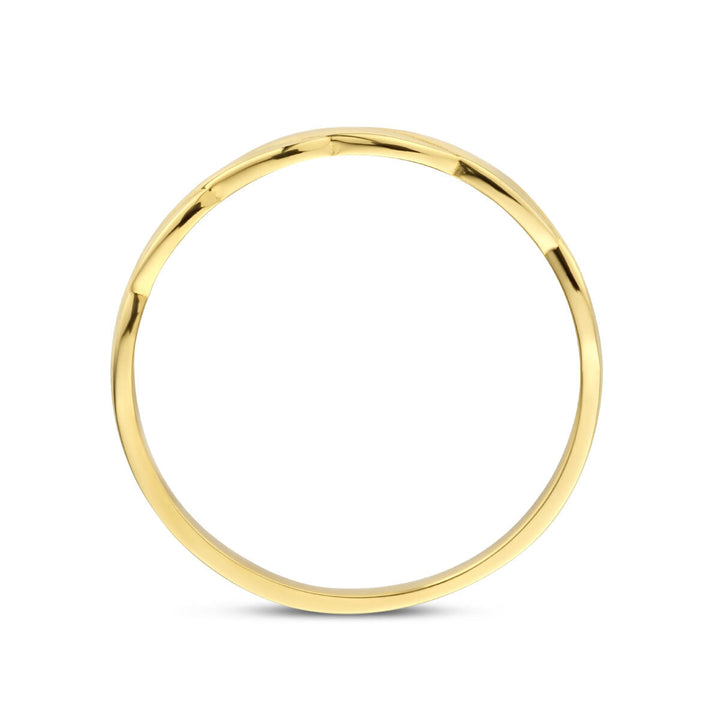 De ring gedraaid 14K geelgoud van Van der Kooij Collectie is rechtop afgebeeld op een witte achtergrond, waardoor het slanke, gedraaide ontwerp en de elegante 14k geelgouden afwerking goed uitkomen.