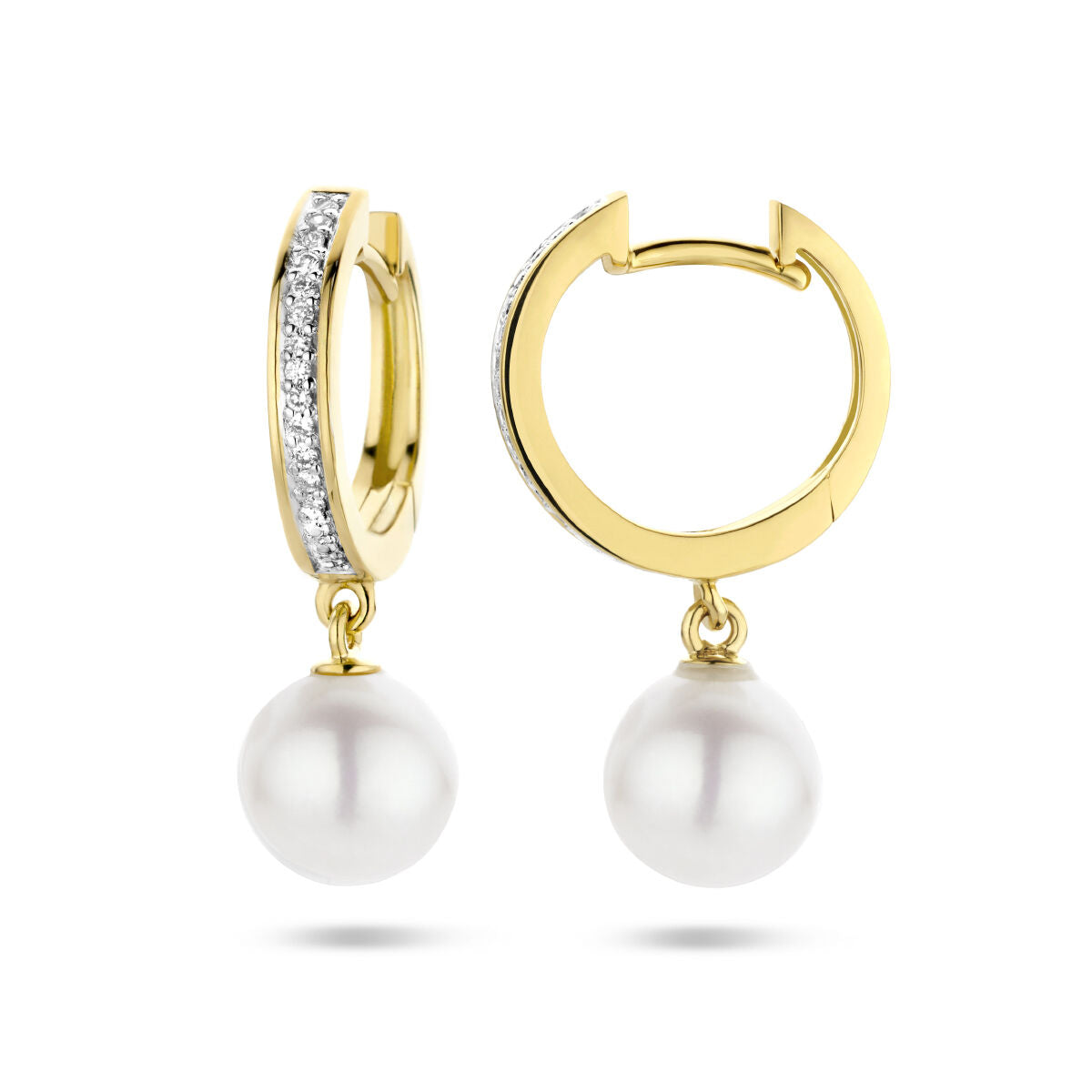 klapoświnki perła i diament 0.08ct (2x 0.04ct) h si bicolor wbijane 14K żółte złoto