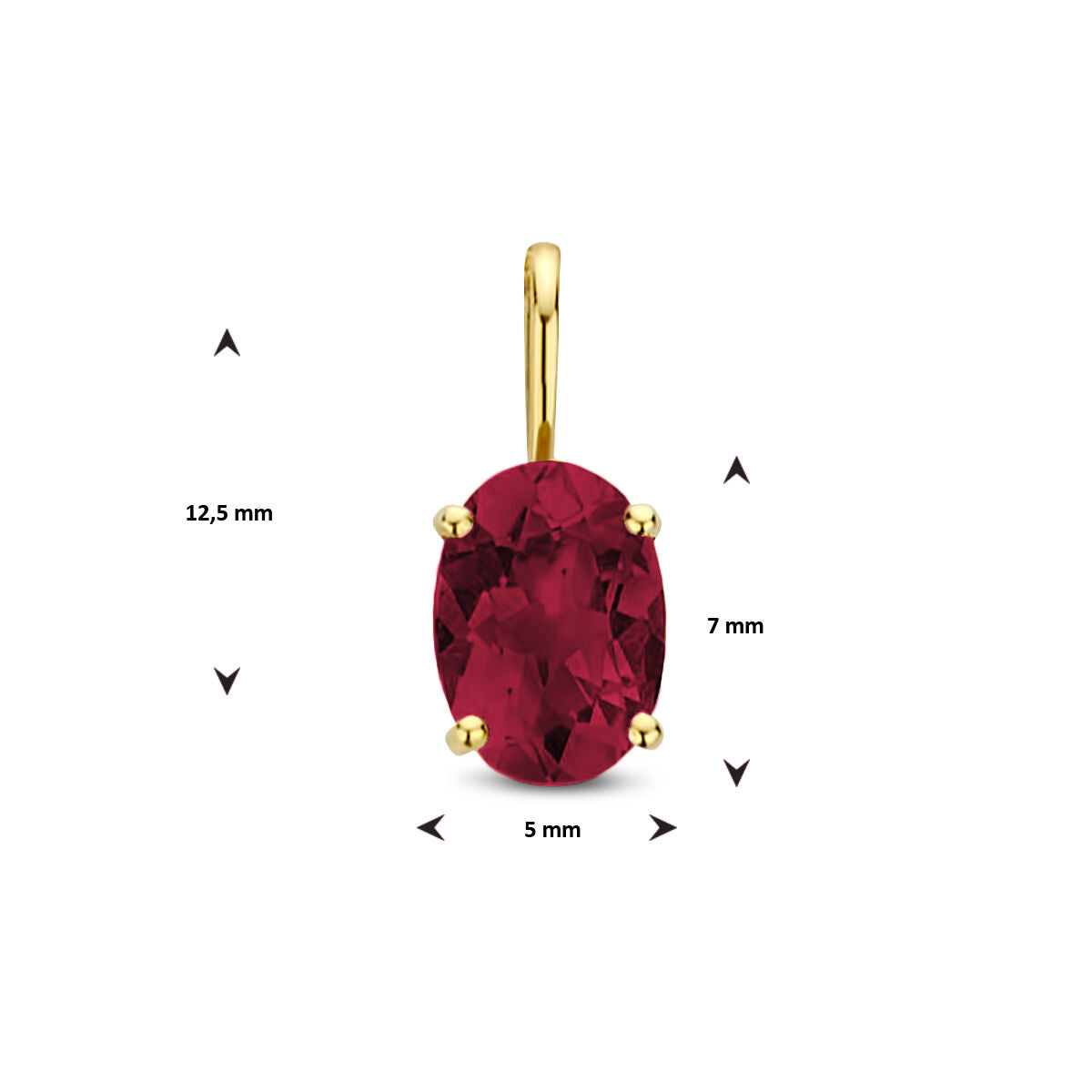 De hanger rhodoliet 14K geelgoud van Van der Kooij Collectie heeft een ovale rhodoliet edelsteen (12,5 x 7 x 5 mm) die wordt vastgehouden door vier tanden, met gelabelde pijlen die de afmetingen weergeven.