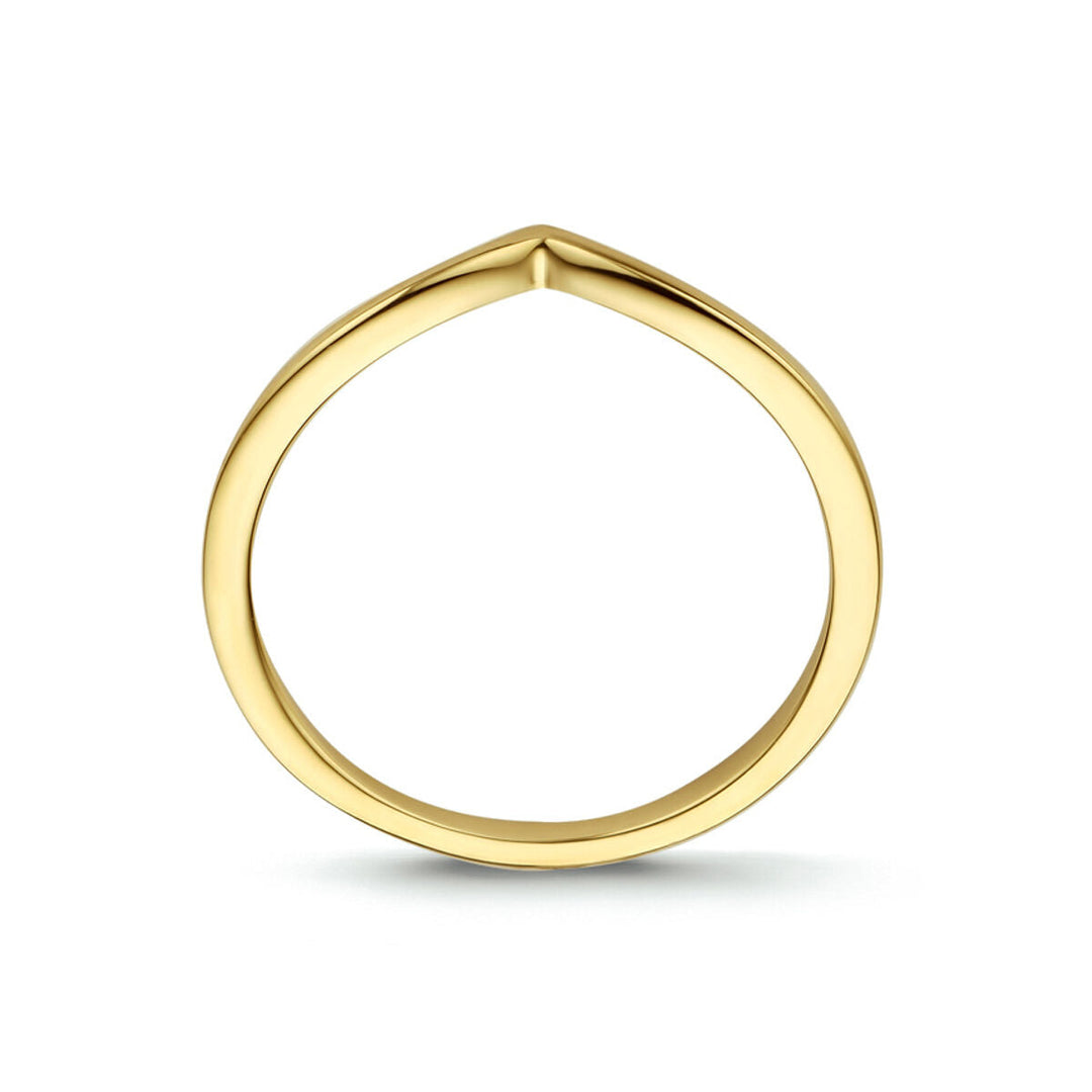 De Van der Kooij Collectie ring 14K geelgoud is een minimalistische damesring met een subtiel chevron design aan de bovenkant, weergegeven op een witte achtergrond.