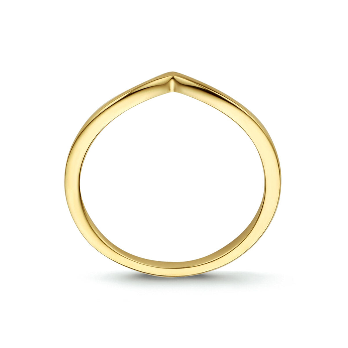 De Van der Kooij Collectie ring 14K geelgoud is een minimalistische damesring met een subtiel chevron design aan de bovenkant, weergegeven op een witte achtergrond.