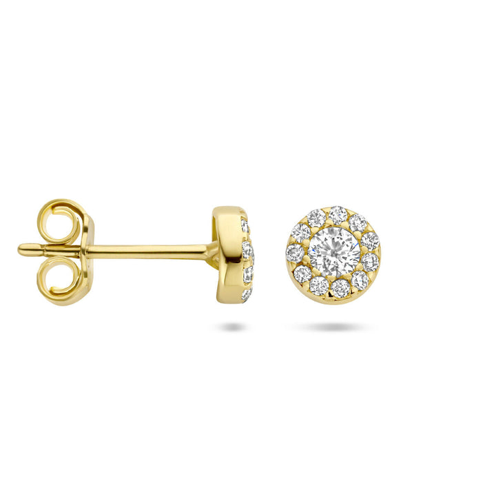 oorknoppen zirkonia halo 14K geelgoud