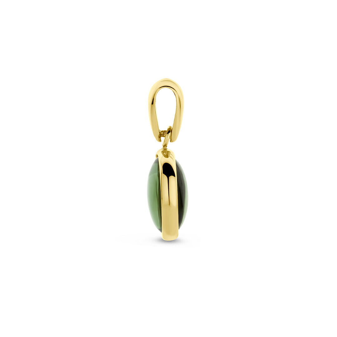 Van der Kooij Collectie hanger groen toermalijn 14K geelgoud met een afgeronde, ovaalvormige cabochon in het midden, zijaanzicht tegen een witte achtergrond.