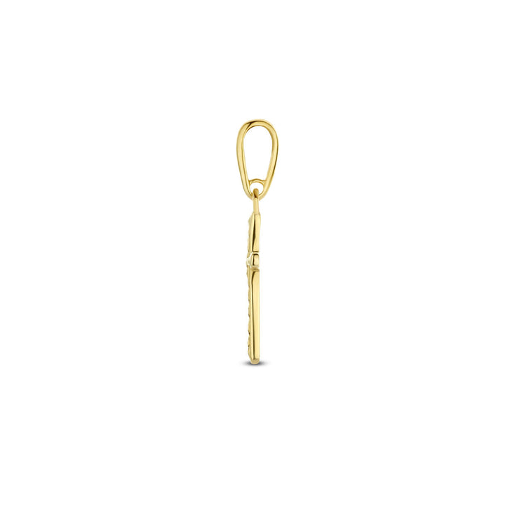 Een sprankelende 14K geelgouden diamanten kruis hanger van Van der Kooij Collectie, zijdelings afgebeeld tegen een witte achtergrond - een elegante dameshanger als aanvulling op je gouden ketting.