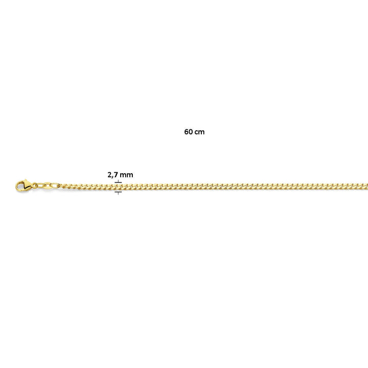 De Gouden ketting heren - gourmette 4-zijdes geslepen 2,7 mm massief 14K van Van der Kooij Collectie wordt getoond op een witte achtergrond, met de lengte (60 cm) en breedte (2,7 mm) naast en boven de ketting aangegeven.