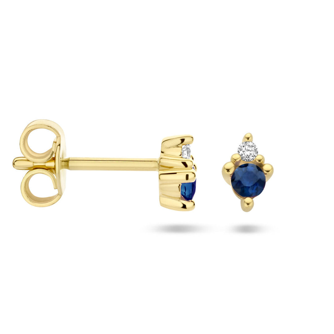 oorknoppen saffier en diamant 0.02ct (2x 0.01ct) h p1 14K geelgoud