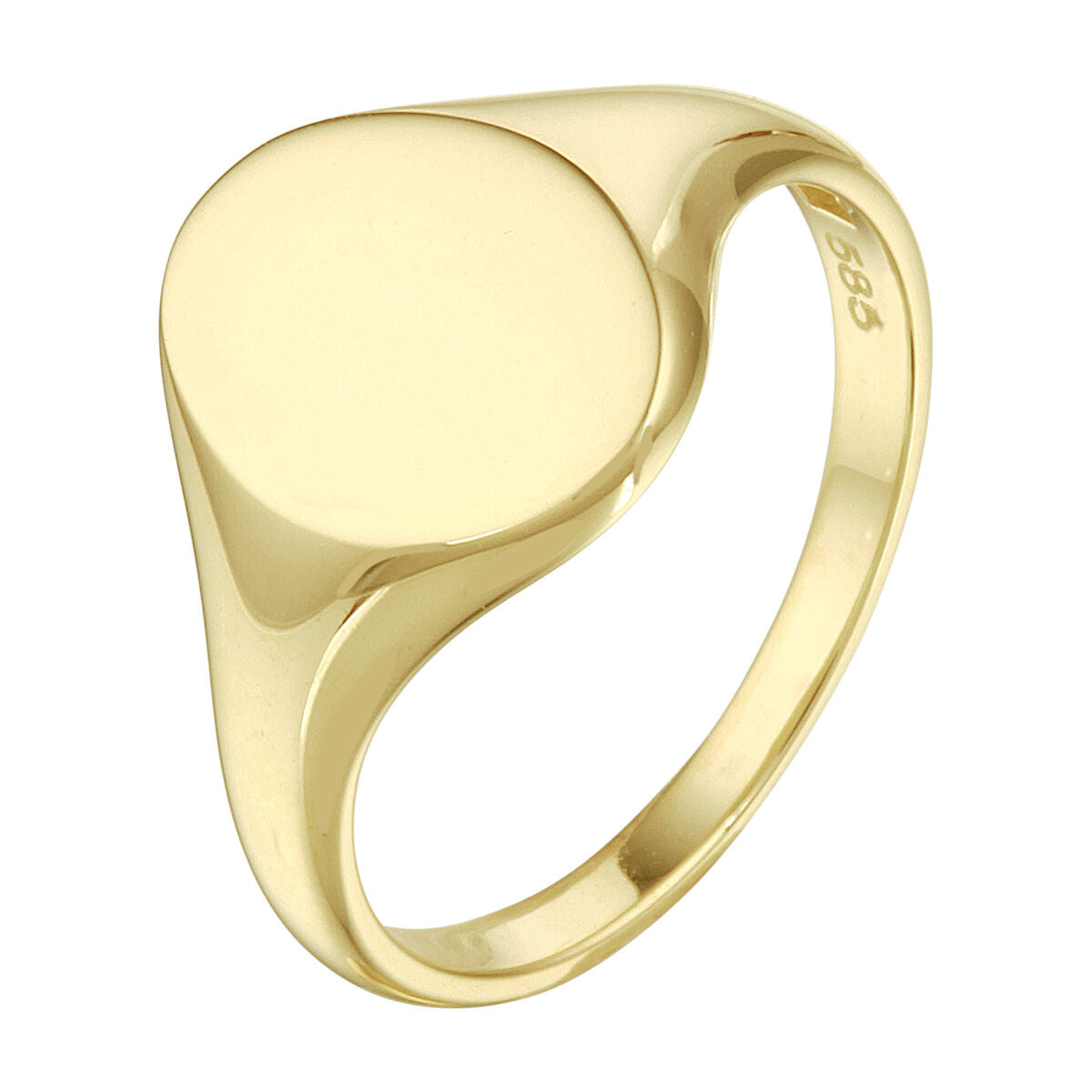 De Van der Kooij Collectie graveerring ovaal 14K geelgoud heeft een gepolijst, glad ovaal gezicht en 585 markering op de binnenste band - een elegante toevoeging aan elke damesringencollectie.