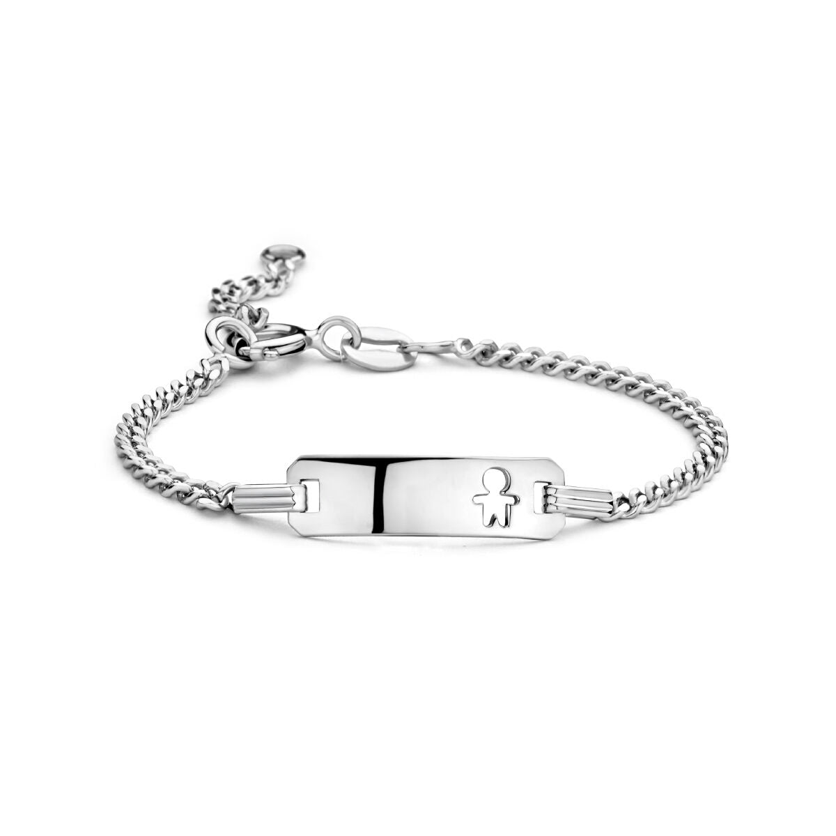 srebrna bransoletka z grawerowaną płytką, o splocie gourmette, szerokość 5,5 mm, pokryta rhodium.