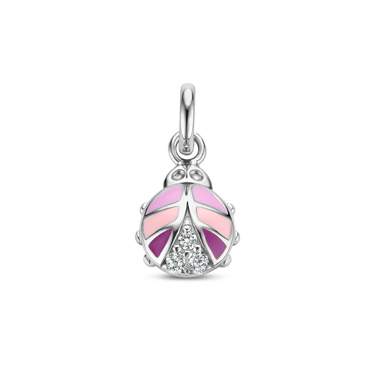 Zilveren gerhodineerde hanger in de vorm van een lieveheersbeestje met roze en paarse emaille en zirkonia-steentjes.