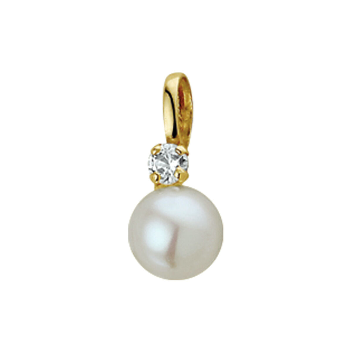 De Van der Kooij Collectie hanger parel en zirkonia 6 mm 14K geelgoud heeft een ronde zoetwaterparel onder een schitterende zirkonia, met een gouden oogje om aan een ketting te hangen.