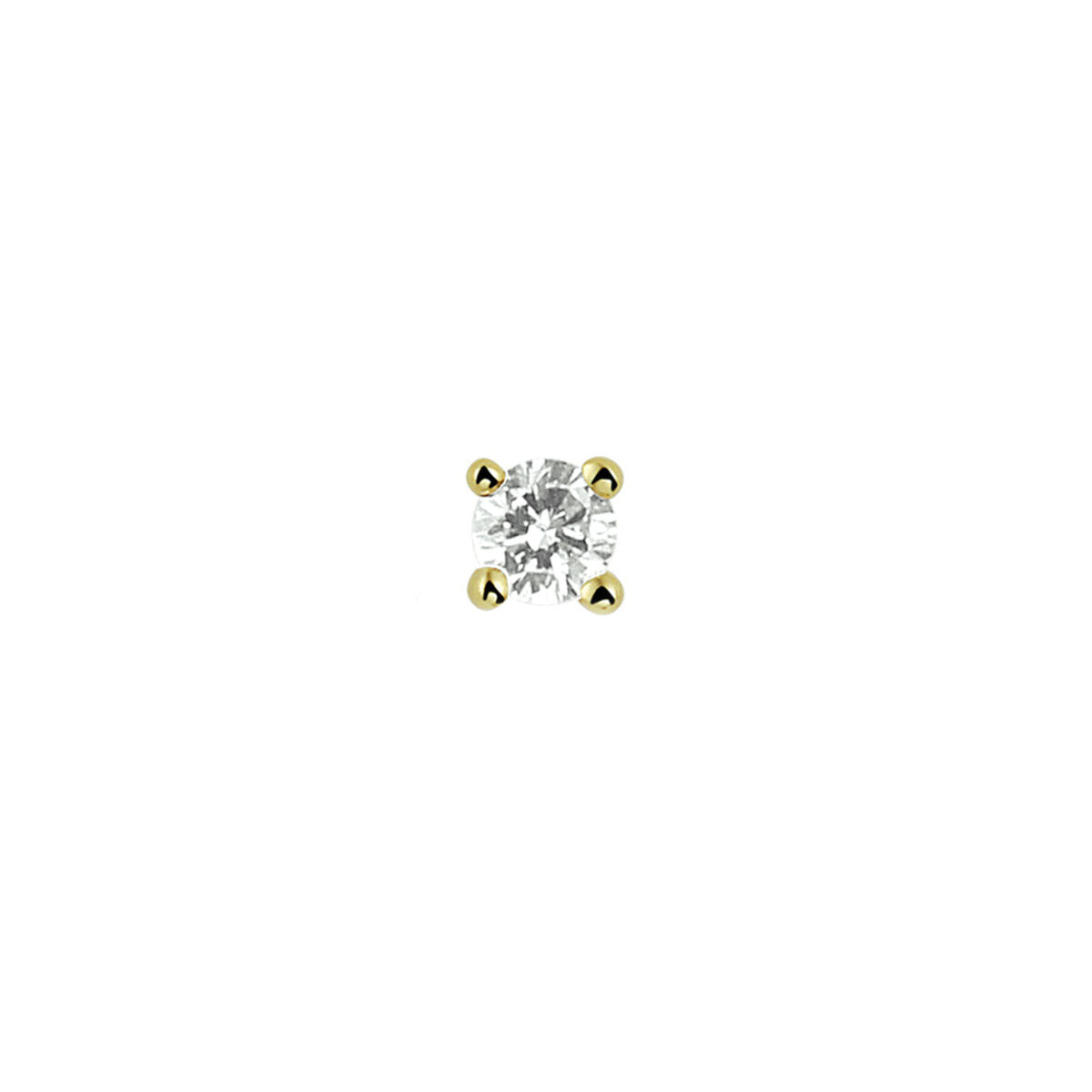 Złoty kolczyk z diamentem 0,05 ct, osadzony w czterech szponach.