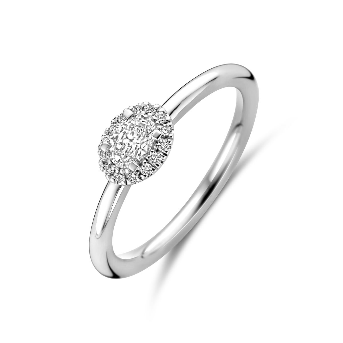 srebrny pierścionek z diamentem 0,24 ct, okrągła główka z drobnymi diamentami, 14K białe złoto