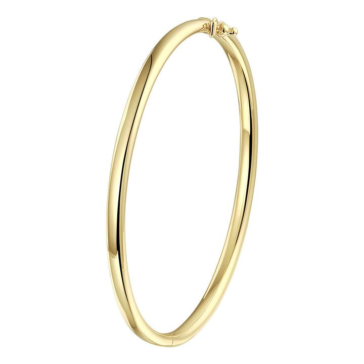 De Van der Kooij Collectie bangle scharnier ovale buis 4,0 mm is een gepolijste 14K geelgoud dames armband met een glad ontwerp en stevige sluiting, afgebeeld tegen een witte achtergrond.