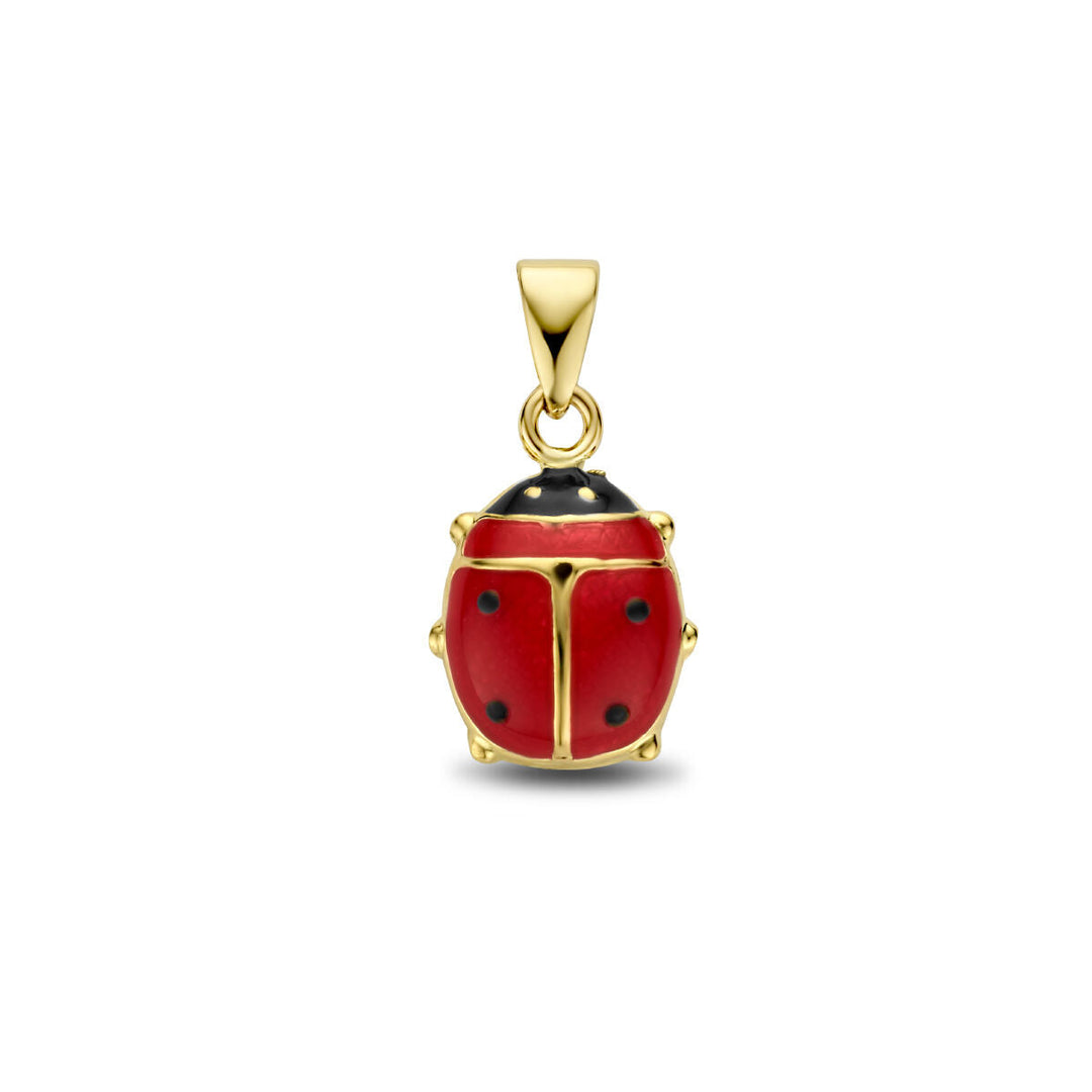 De hanger lieveheersbeestje 14K geelgoud van Van der Kooij Collectie is een kinder sieraad met rood en zwart emaille, zwarte stippen en goudkleurige accenten, getoond tegen een witte achtergrond.