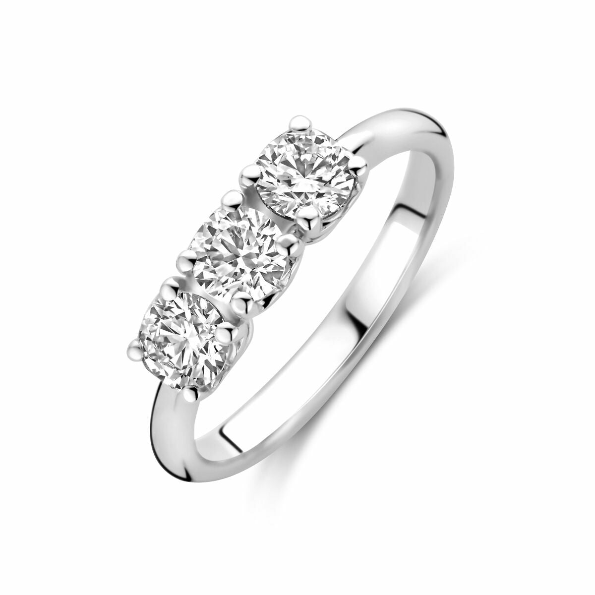 Pierścionek trilogii z lab-grown diamentami 0,90 ct w kolorze G VS, wykonany z białego złota 14K.