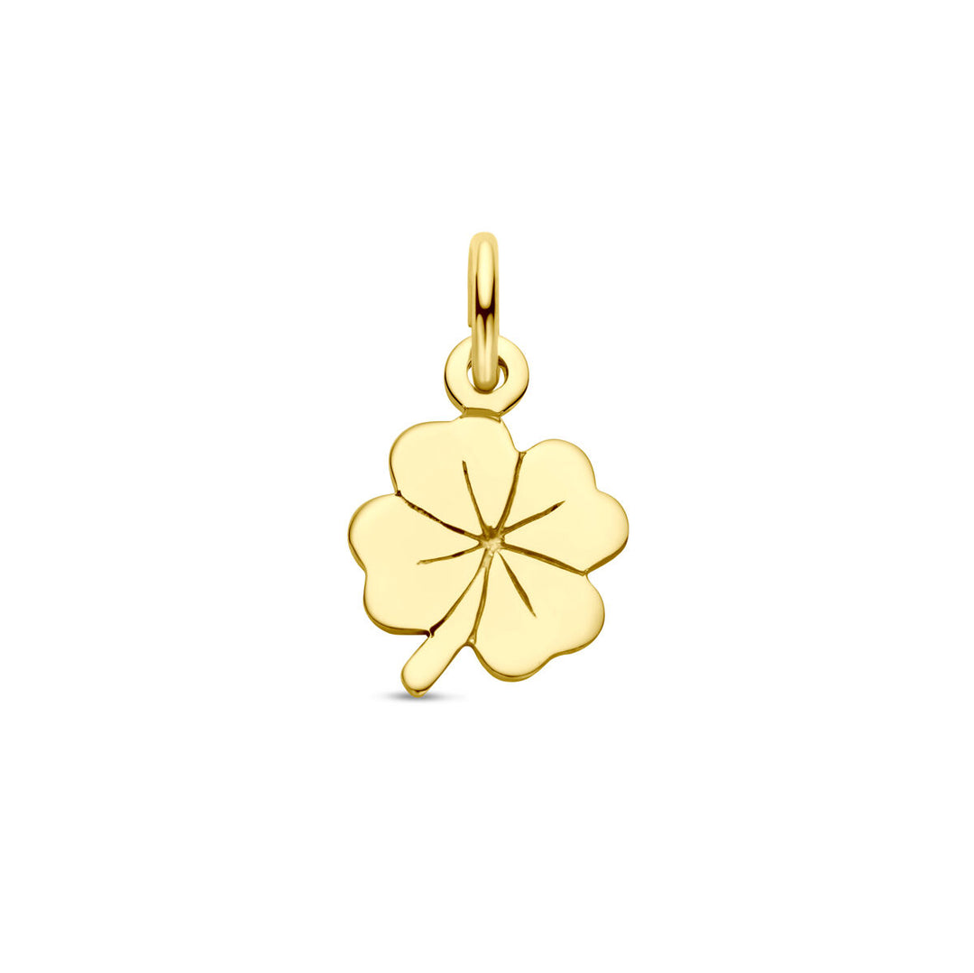 De Van der Kooij Collectie hanger klaver 14K geelgoud is een geelgouden klaver bedel met een klein lusje om aan sieraden te bevestigen, afgebeeld op een effen witte ondergrond.